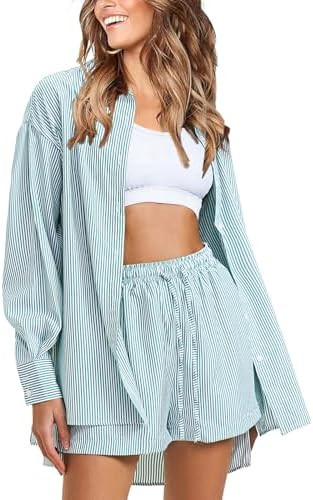 EXLURA Women's Cotton Summer 2 Piece Sets Long Sleeve Button Down Shirts Matching Short Sets Beac... | Amazon (US)