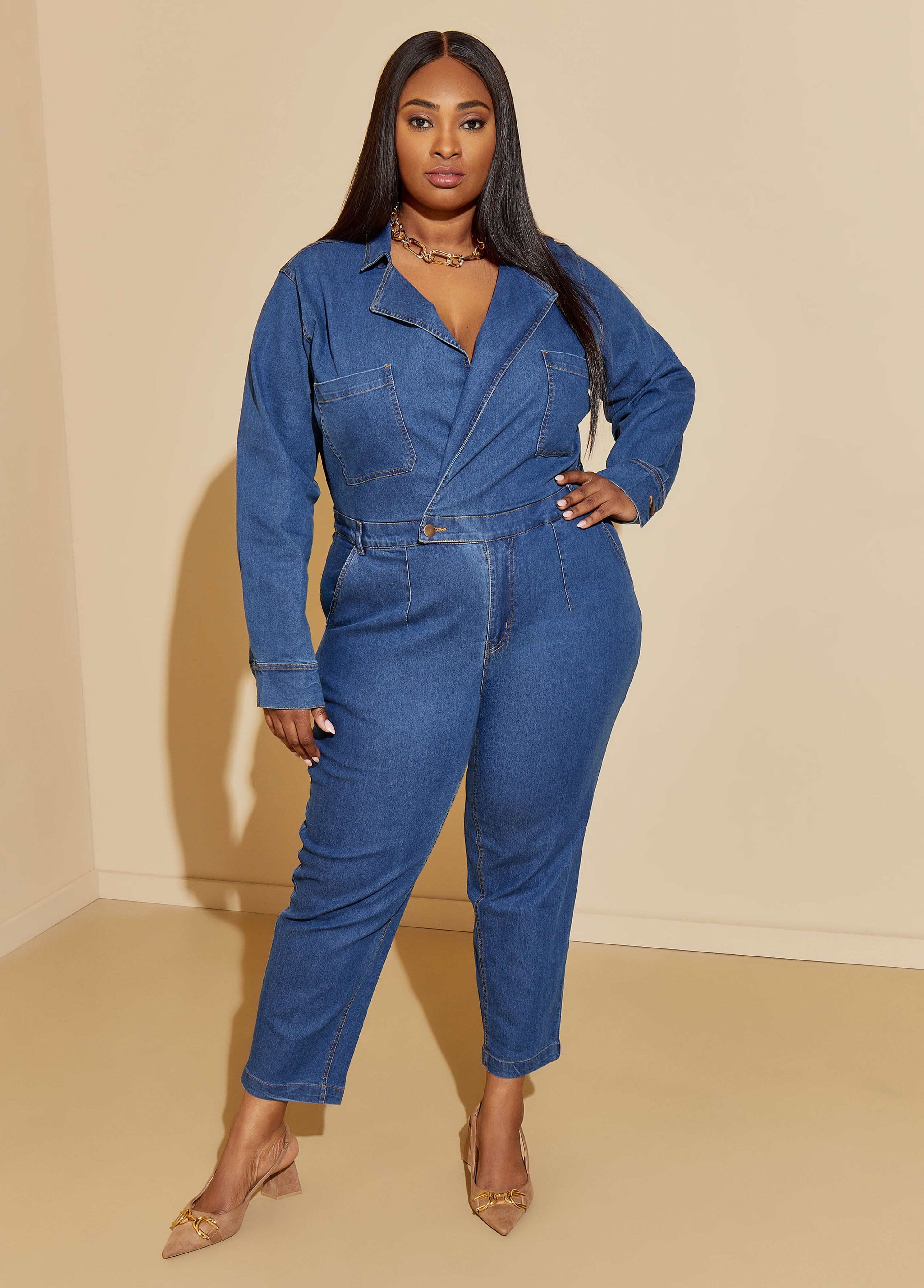 Faux Wrap Denim Jumpsuit | Ashley Stewart