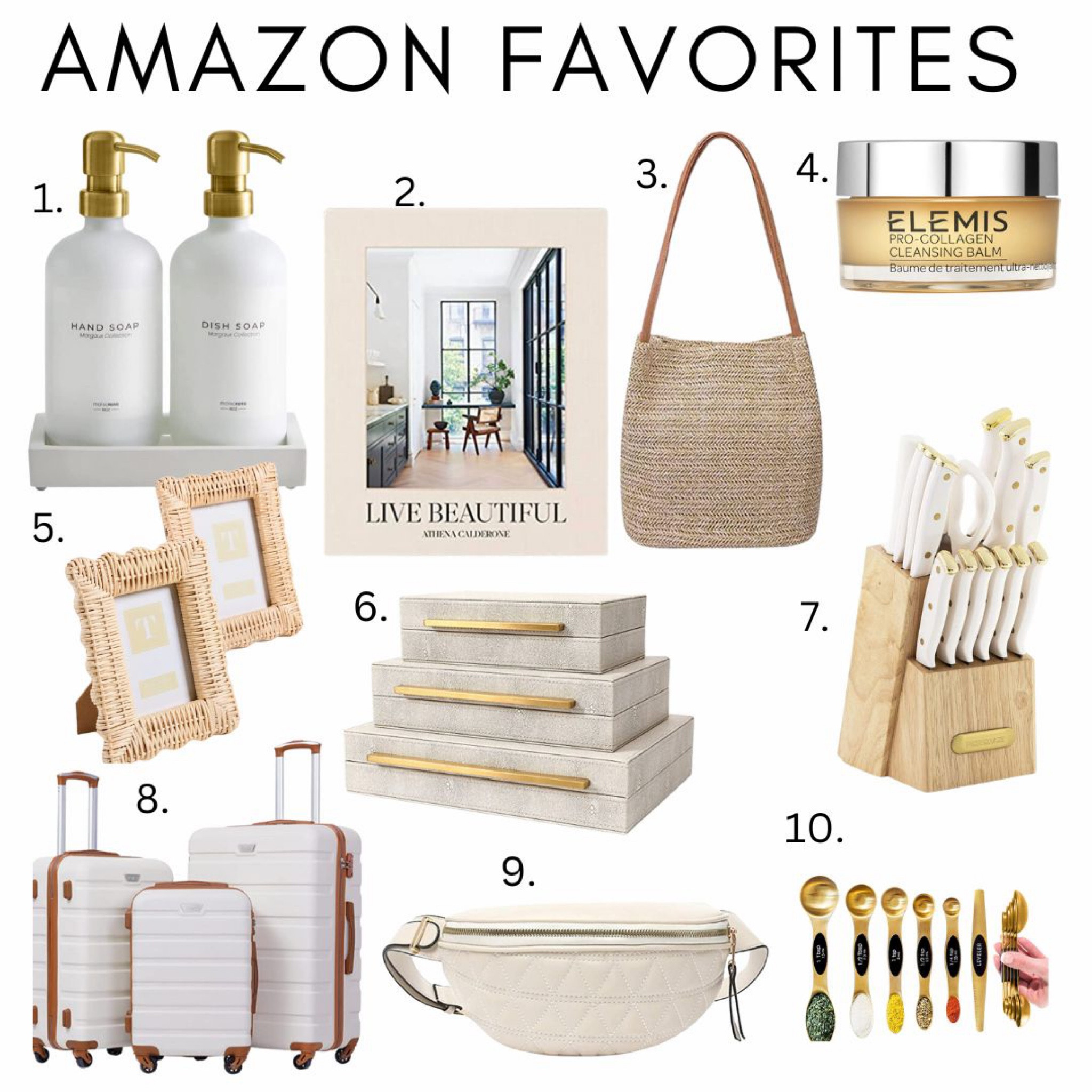 Amazon favorites! 
Leathers boxes 
Soap dispenser 
Purse 
Belt bag 
Luggage 
Knife set 
Facial cream 
Measuring spoons 
Rattan picture frames 

#LTKxPrimeDay #LTKFind