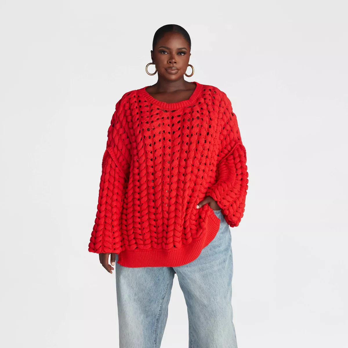 KBB by KAHLANA Women's Pullover Sweater 'The Chunky Knit Crew' - Red 4X | Target