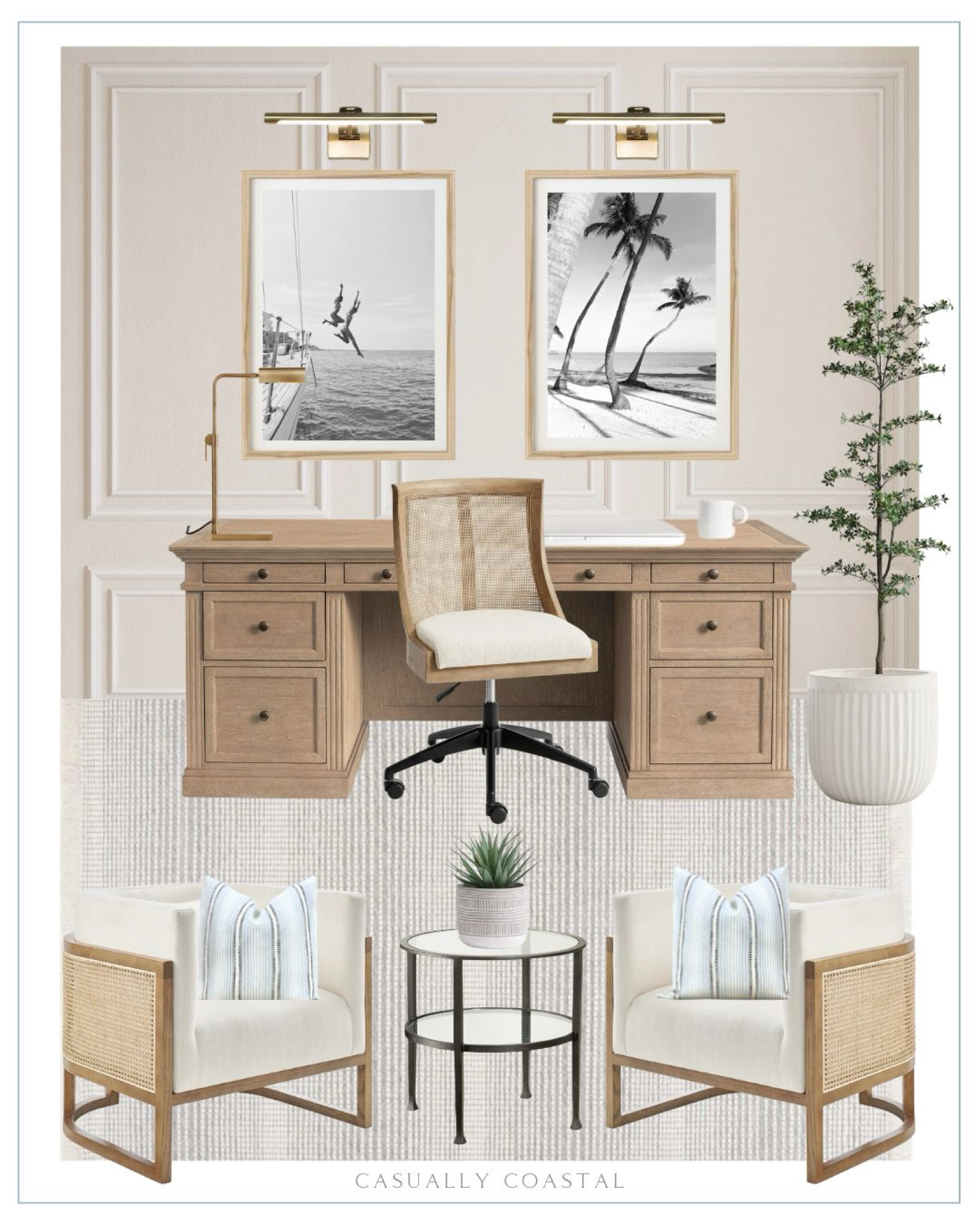 By request, a men’s home office design! Many items currently on sale including the desk chair, artwork, olive tree, planter, picture lights (on page coupon), and side table!

Paint - Sherwin Williams Accessible Beige
—-
Coastal office, neutral home office ideas, home office decor, men’s office, coastal home, coastal decor, coastal office desk, coastal desk chair, coastal accent chair, pottery barn office furniture, modern coastal home decor, home office ideas, home office storage, coastal artwork, beach artwork, coastal desk lamp, brass desk lamp, coastal lighting, coastal pillows, home office chair, Apple MacBook, striped pillow cover, upholstered barrel chair, neutral chair, classic leather desk blotter, wool striped rug, coastal rug, rectangular rug, 8x10 rug, outdoor planter, neutral planter, coastal planter, task lamp, faux black olive tree, coastal faux plants, fake plant for desk, faux indoor plant, faux trees, black and white ocean art, beach photography, black and white pal tree art, dimmable painting light, picture light, Amazon lighting, wainscot panel, wall moulding design, upholstered swivel desk chair, neutral desk, round side tables, brass picture lights, olive tree, fluted planters, men’s desks, striped rugs, masculine office

#LTKHome #LTKFindsUnder100 #LTKSaleAlert