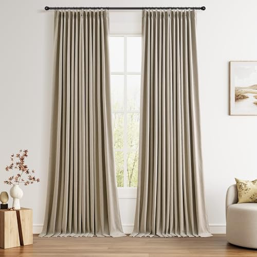 Oatmeal Pinch Pleat 100% Blackout Linen Curtains 102 Inch Long 2 Panels Insulated Thermal Full Blackout Drapes for Bedroom Living Room Darkening Cottage Farmhouse Pinch Pleated Curtains 40x102 | Amazon (US)