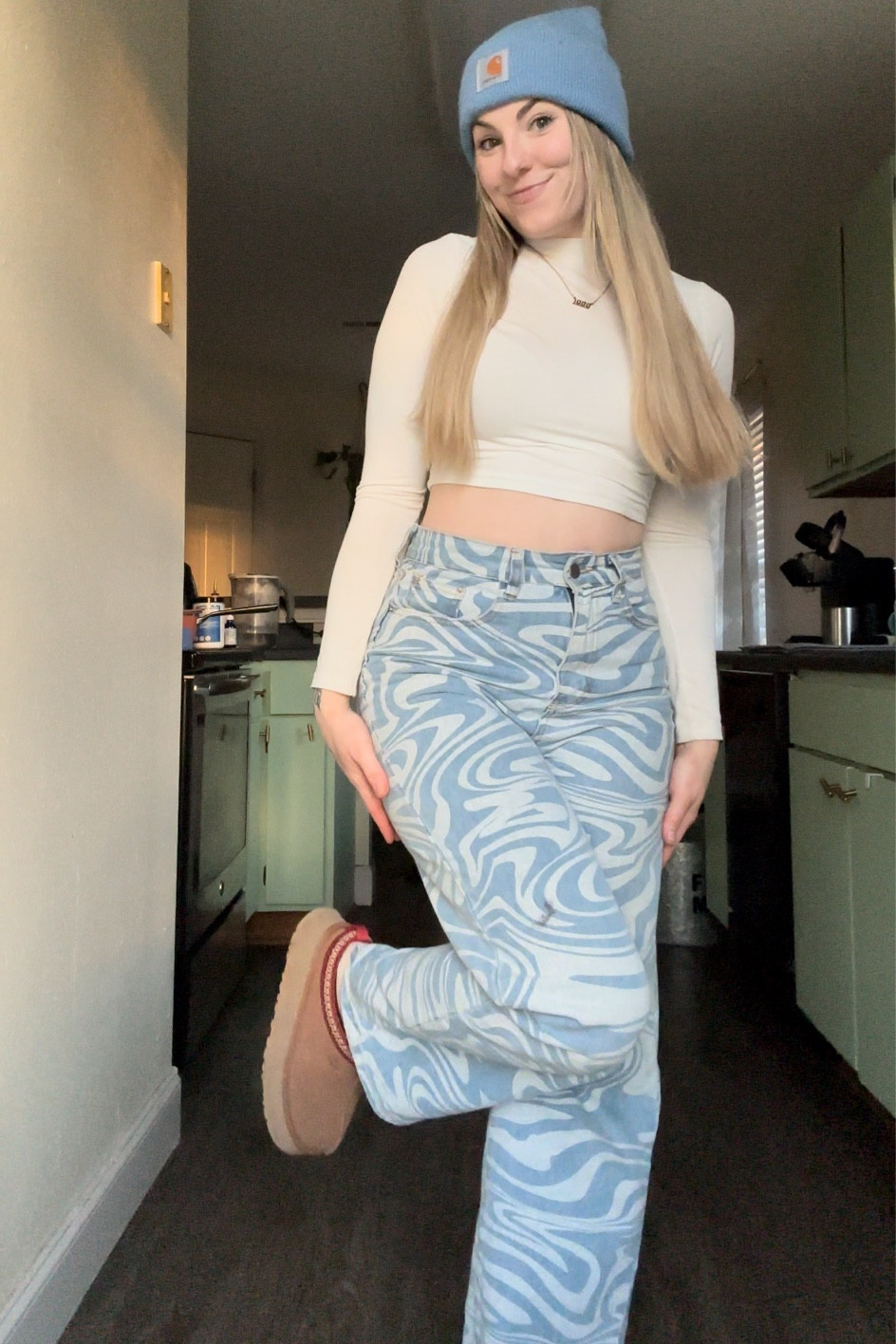 Spring outfit | Women’s jeans | Patterned jeans | Crop top | Beanie | Uggs | Platform shoes 

#LTKstyletip #LTKSeasonal #LTKSpringSale