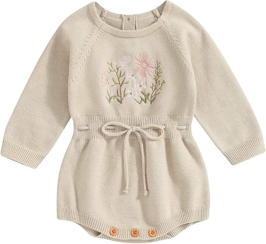 Madjtlqy Toddler Baby Girl Fall Winter Sweater Romper Knit Flower Embroidery Long Sleeve Newborn ... | Amazon (US)