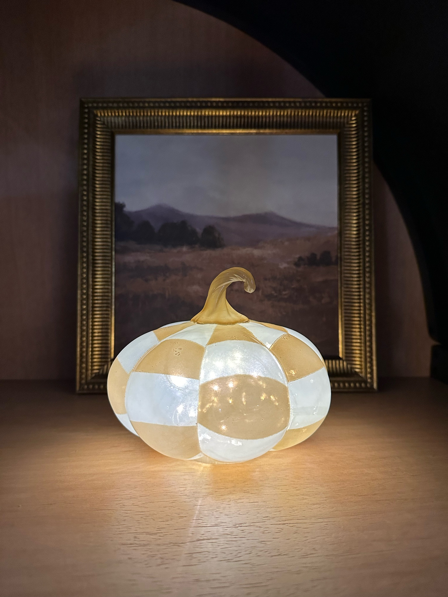 This  is the cutest little checkered glass pumpkin. It has been sold out once.

#LTKHome