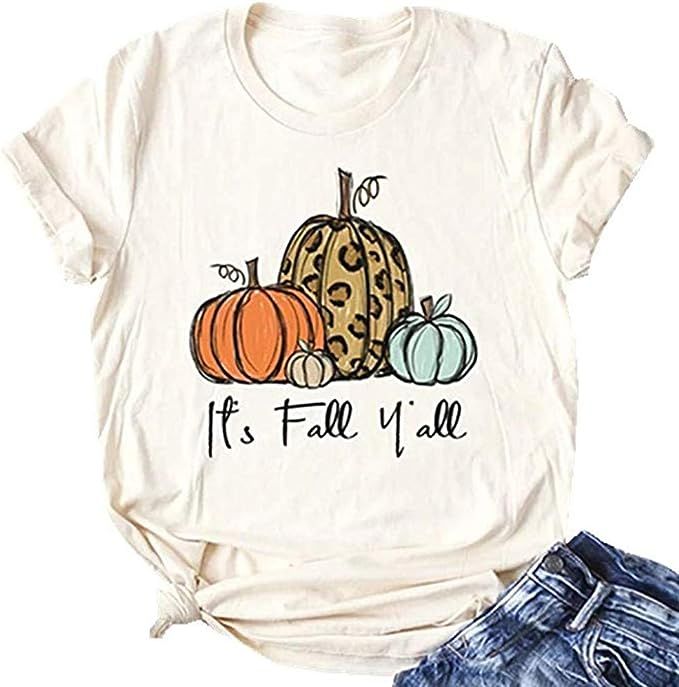 It's Fall Y'all Shirt Women Halloween Thanksgiving T-Shirt Funny Pumpkin Short Sleeve Letter Top ... | Amazon (US)