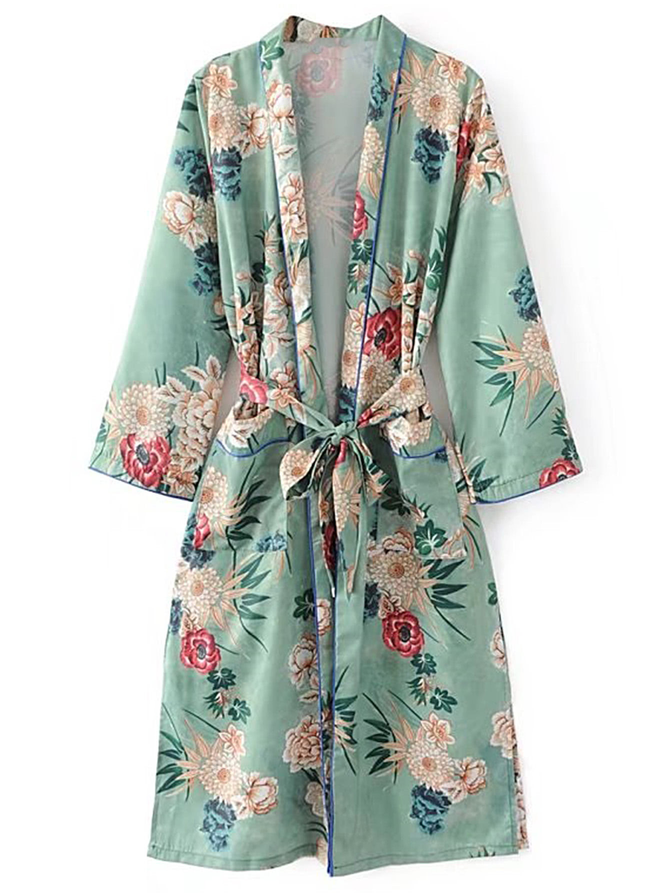 Floral Print Longline Kimono With Self Tie | ROMWE