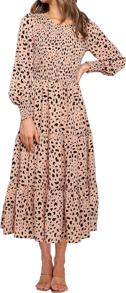 ZESICA Women's Casual Plaid Crew Neck Long Puff Sleeve Elastic Waist Smocked Flowy Tiered Midi Dr... | Amazon (US)