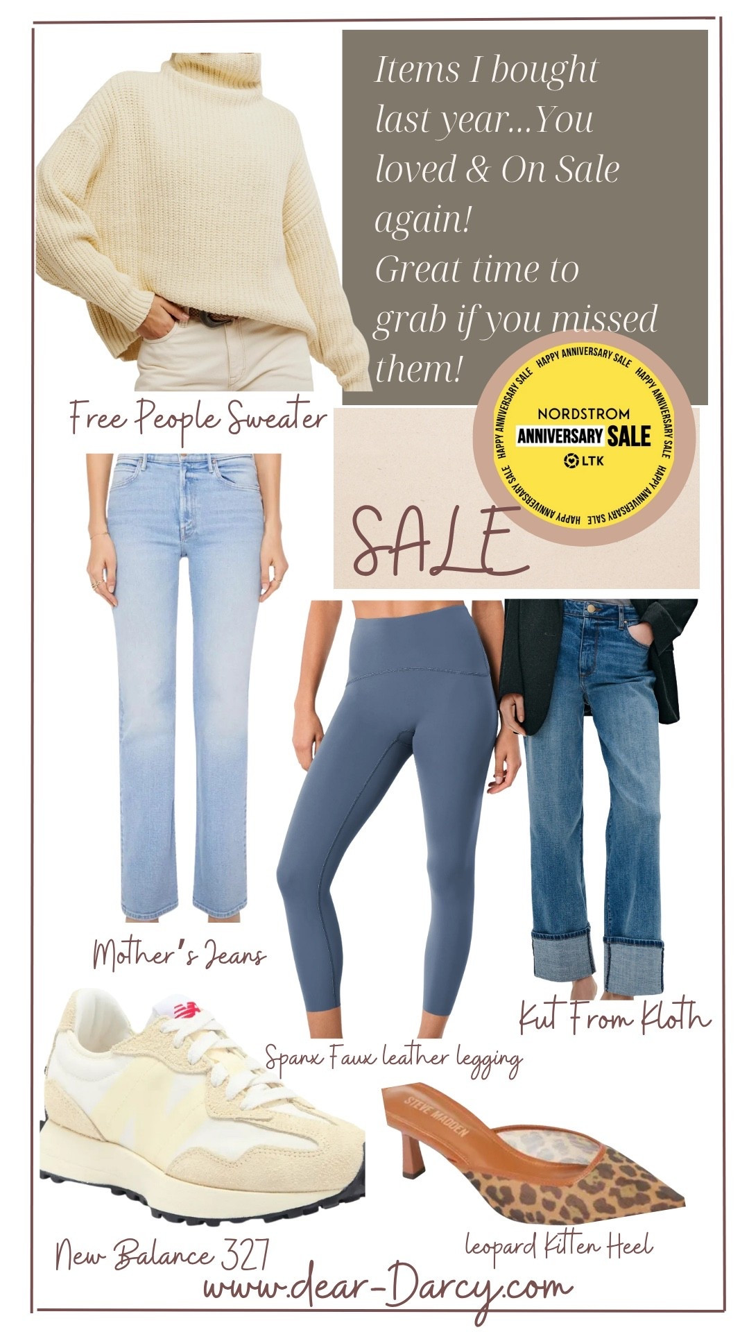 Items I bought last year that are on sale again this year.

Free people turtleneck chunky sweater 

Mothers straight leg jeans 

New balance tennis shoes

Spanx leggings 

Kut from the kloth cuffed denim jeans 

Steve Madden  kitten heel pump


#LTKOver40 #LTKStyleTip #LTKSaleAlert