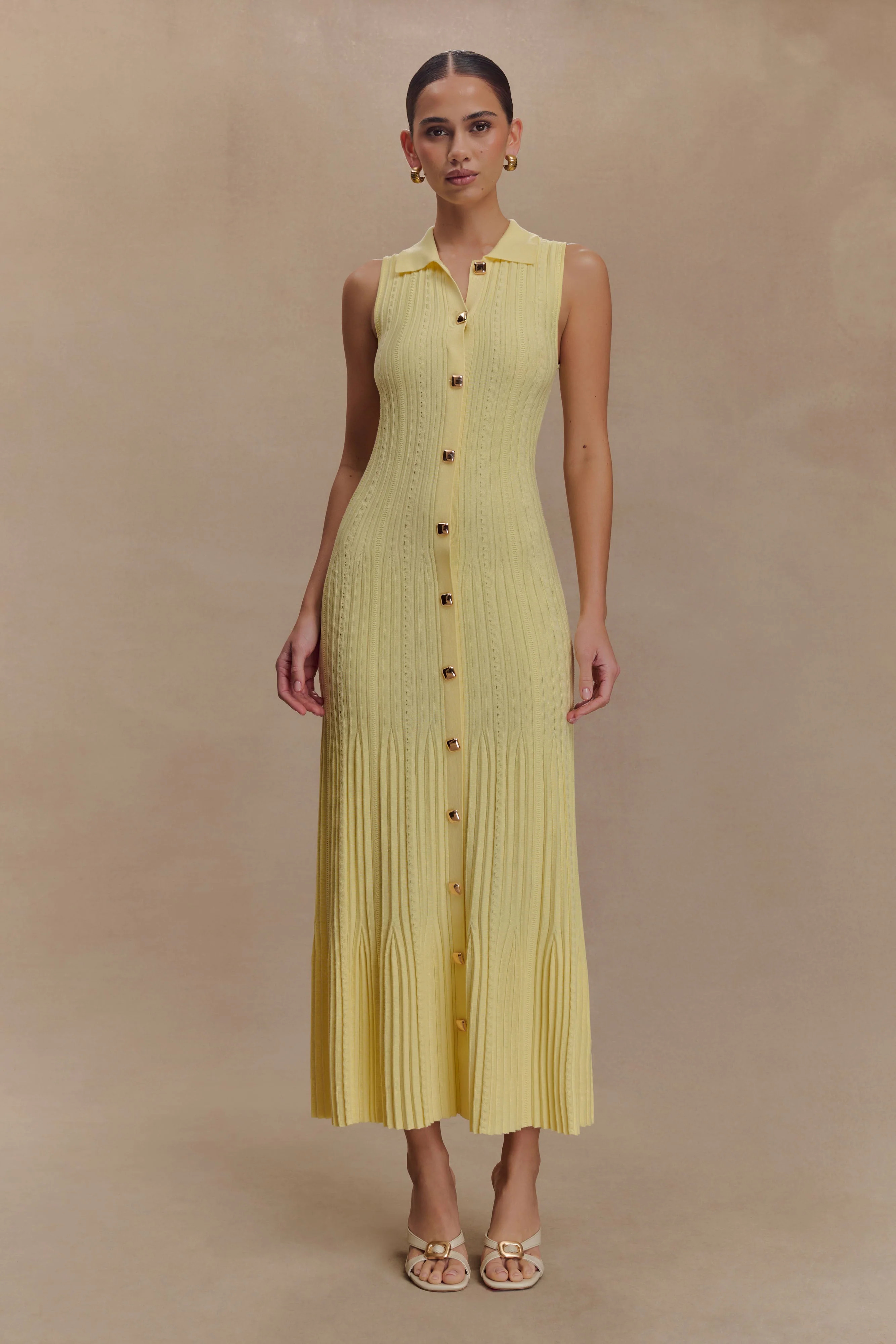 Sleeveless Knit Midi Dress - Lemon | MESHKI US
