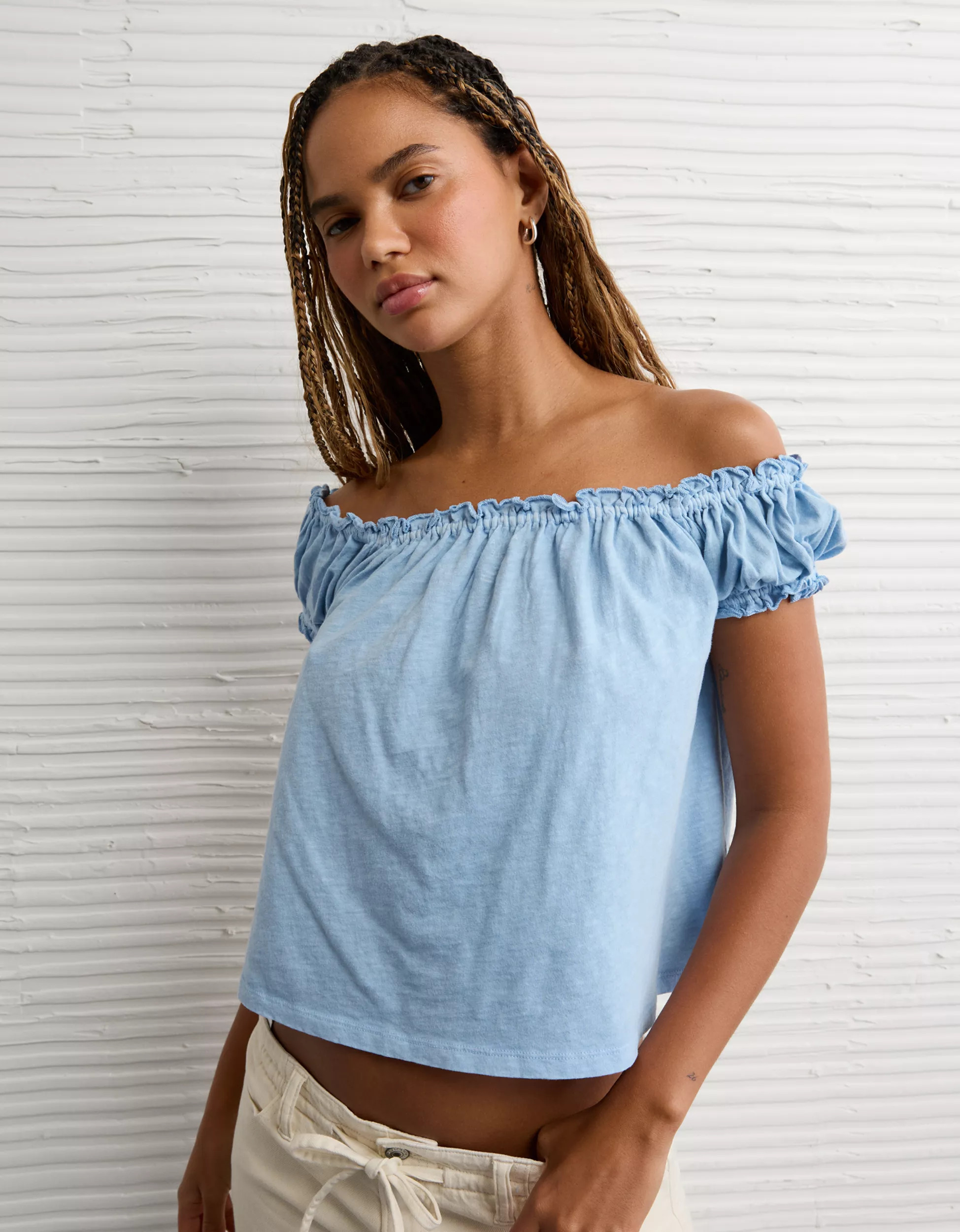 AE Sunchaser Knit Off The Shoulder Swing Top | American Eagle Outfitters (US & CA)