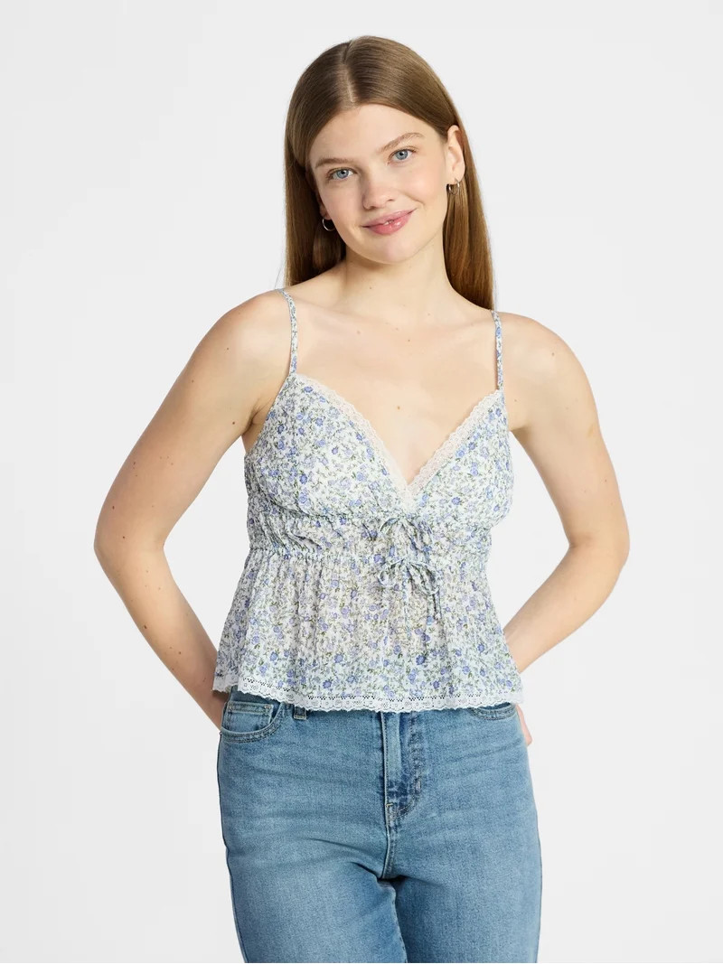 No Boundaries Tie Front Tank Top with Lace Trim, Women's XXS-XXXL | Walmart (US)