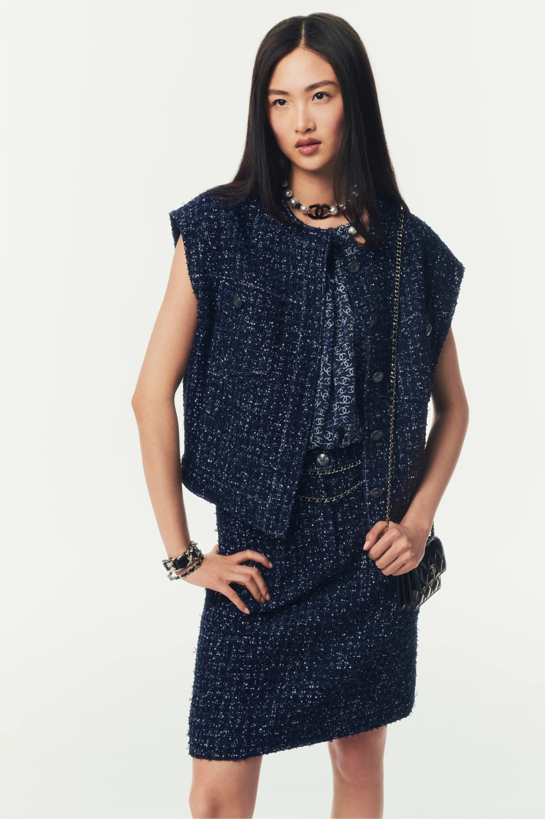 Vest - Glittered tweed, navy blue & white — Fashion | CHANEL | Chanel, Inc. (US)