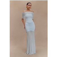 Caspian Slinky And Mesh Off Shoulder Maxi Dress - Pale Blue | MESHKI US