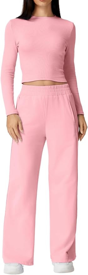 QINSEN Womens 2 Piece Sets Long Sleeve Slim Fit Crop Tops Wide Leg Pants Matching Lounge Set | Amazon (US)
