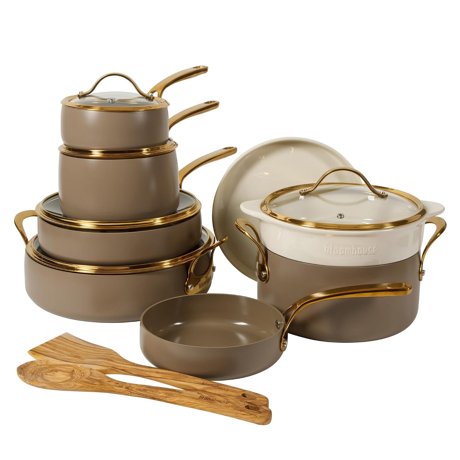Bloomhouse 15-Piece Ceramic Nonstick Cookware Set, Two Time Oprah's Favorite Things, Heavy-Gauge Aluminum Pots and Pans Set, PFAS & PFOA & PTFE Free Ceramic Cookware, Oven Safe to 500°F, Cappuccino | Amazon (US)