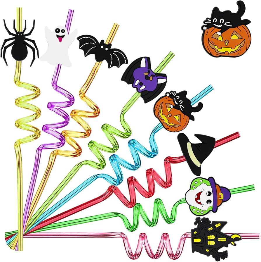 24pcs Halloween Reusable Curly Straws, 8 Colors, 8 Designs, Pumpkin Ghost Bat Witch Spider Cat Fa... | Amazon (US)