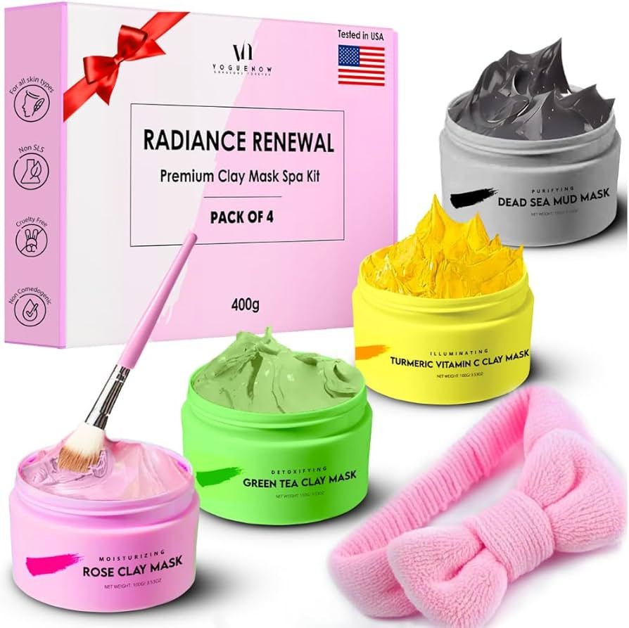 Clay Mask Premium Valentines Gift of 4(400g) With Cute Headband & Brush | Premium Clay Face Mask ... | Amazon (US)