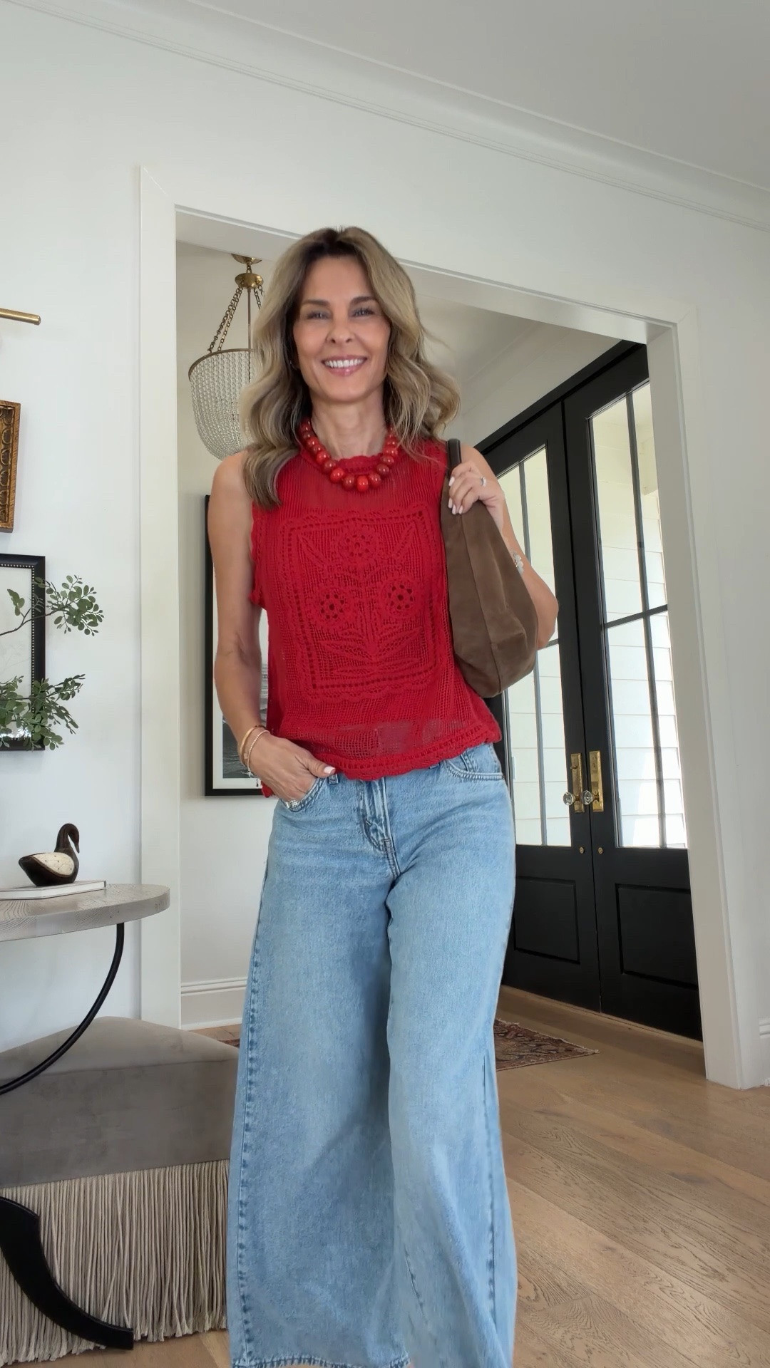 Love red into the fall! This too is a favorite! @jcrew 
-jeans are lightweight and fit like a dream! @levi I’m 5’6”
-bag is on the #nsale! Love the size

#LTKootd #LTKOver40