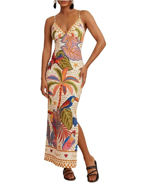 RoseSeek Women's Tropical Graphic V Neck Midi Dresses Sleeveless Split Beach Vacation Cami Dress | Amazon (US)