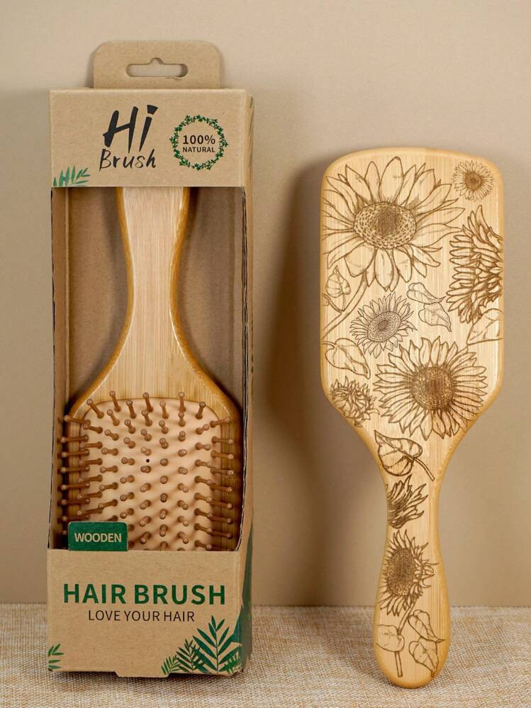 1 Personalized Sunflower Large Square Air Cushion Brush With Box, Bamboo Paddle Hairbrush With Handle, Natural Bamboo Paddle Detangling Brush For Women Men , Portable Detangling Brush For Scalp Massage, Thin/Curly/Dry Hair, | SHEIN