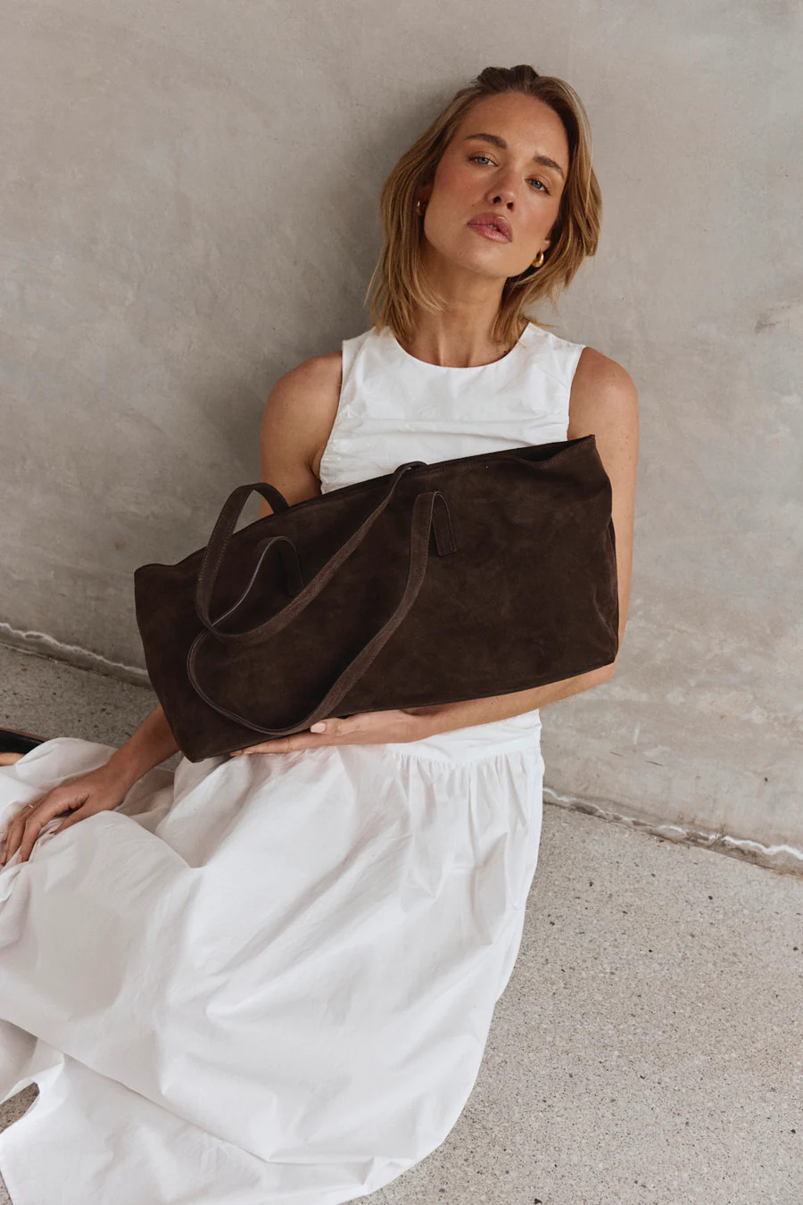 Mia Dark Chocolate Suede East West Slouchy Tote | VESTIRSI