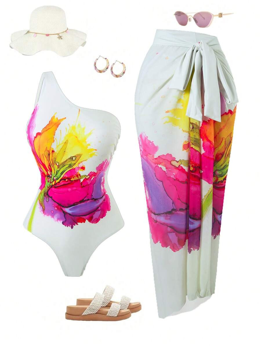 Swim Oasis Plus Size Women's One-Piece Swimsuit With Multi-Color Print, Paired With Printed Mesh ... | SHEIN