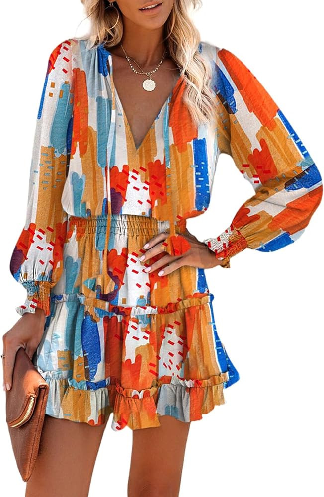 Dokotoo Womens Summer Dresses 2024 Boho Floral Drawstring V Neck Smocked Long Sleeve Ruffle Tiere... | Amazon (US)