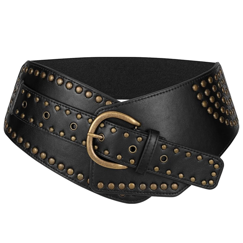 JASGOOD Women Vintage Wide Elastic Belt Studded Stretchy Waist Belt with Rivets Metal Buckle | Amazon (US)