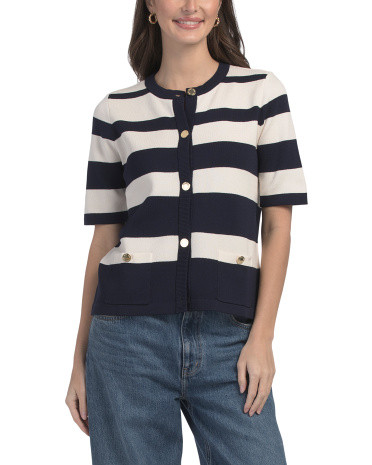 Short Sleeve Striped Crew Neck Cardigan | TJ Maxx