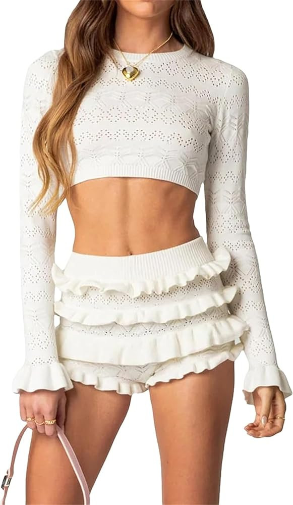 Thopavenoir Women Y2k Knit 2 Pieces Outfits Crew Neck Long Sleeve Crop Tops and Ruffles Layered S... | Amazon (US)