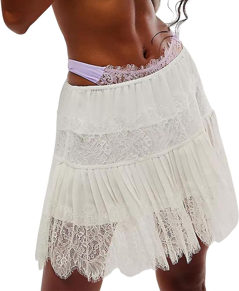 Women Lace Mini Skirt Y2k Ruffle Low Waist Layered Pleated Flowy Skirt | Amazon (US)