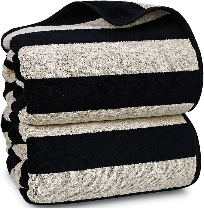 2-Piece Striped Bath Towels for Bathroom Beach Shower Spa - Black & Cream | Amazon (US)