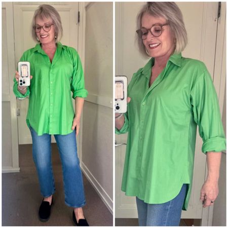 How pretty is this green oversized everyday shirt from Loft? It also comes in white and regular or petite sizes. It's long enough to cover your backside, which makes it perfect for jeans, slim pants or leggings. I paired it with these high-rise straight leg jeans in a nice mid wash, and they are available in regular or petite sizes.

#fashion #fashionover50 #fashionover60 #springfashion #loft #loftfashion #straightlegjeans

#LTKSpringSale #LTKstyletip #LTKsalealert