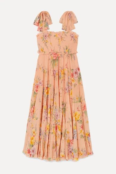 Zimmermann - Zinnia Shirred Floral-print Cotton And Silk-blend Crepon Midi Dress - Pastel orange | NET-A-PORTER (US)
