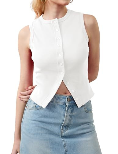 Ziesexy Womens Tank Tops Button Up Ribbed Tank Tops for Women Sleeveless Cropped Tank Tops for Women Going Out Tops White | Amazon (US)