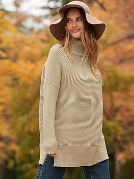 ANRABESS Womens 2023 Trendy Sweaters Oversized Turtleneck Long Batwing Sleeve Split Hem Pullover ... | Amazon (US)