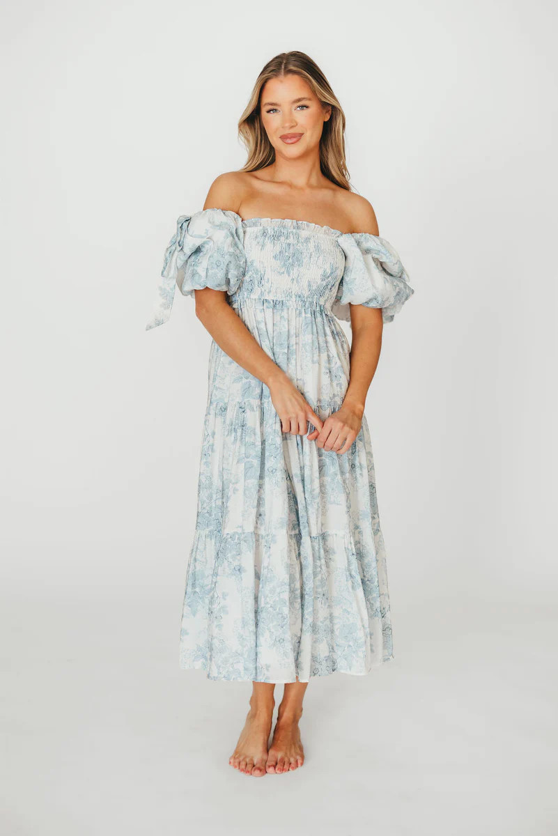 Elena Floral Print Smocked Midi Dress in Blue Floral- Bump Friendly - | Worth Collective