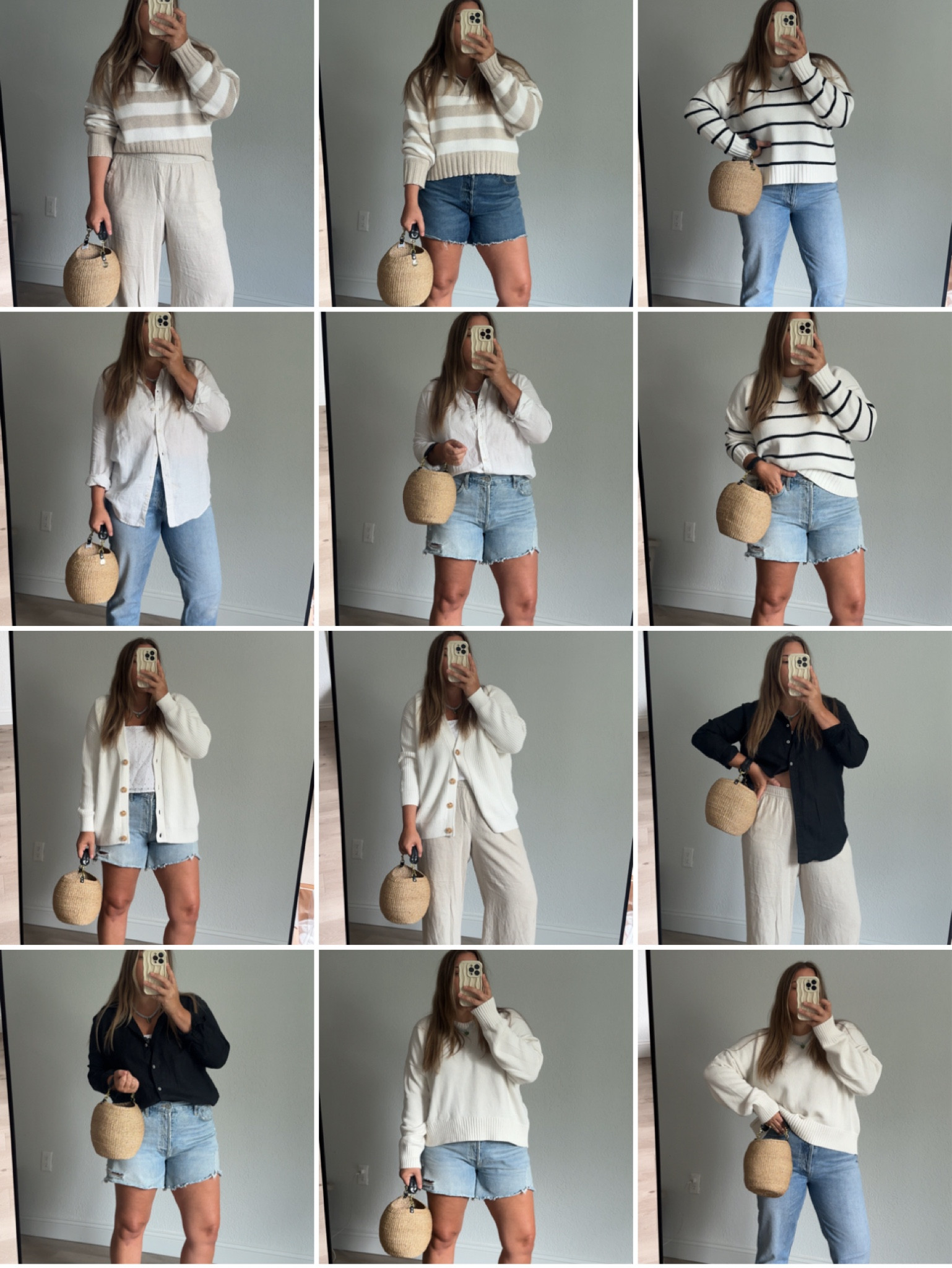 Quince faves! 

All sweaters 100% cotton! Will loosen with wear naturally 

Jeans: i stay tts but size up if inbetween ( rigid no stretch but will loosen/ break in) 

Sweater sizing:

White boyfriend solid- true to size- runs a little roomy . Im in medium

Striped sweater - true to size. Im in a medium

Cardigan- tts. A little oversized. Im in medium

Collared pullover sweater- cropped style . Size up if in between . I went tts in medium but if you want a roomy fit size up! 

Linen shirts- I’m wearing a large. Size up for looser fit. 

Striped sweaters
Quince
Summer sweaters
Linen pants 