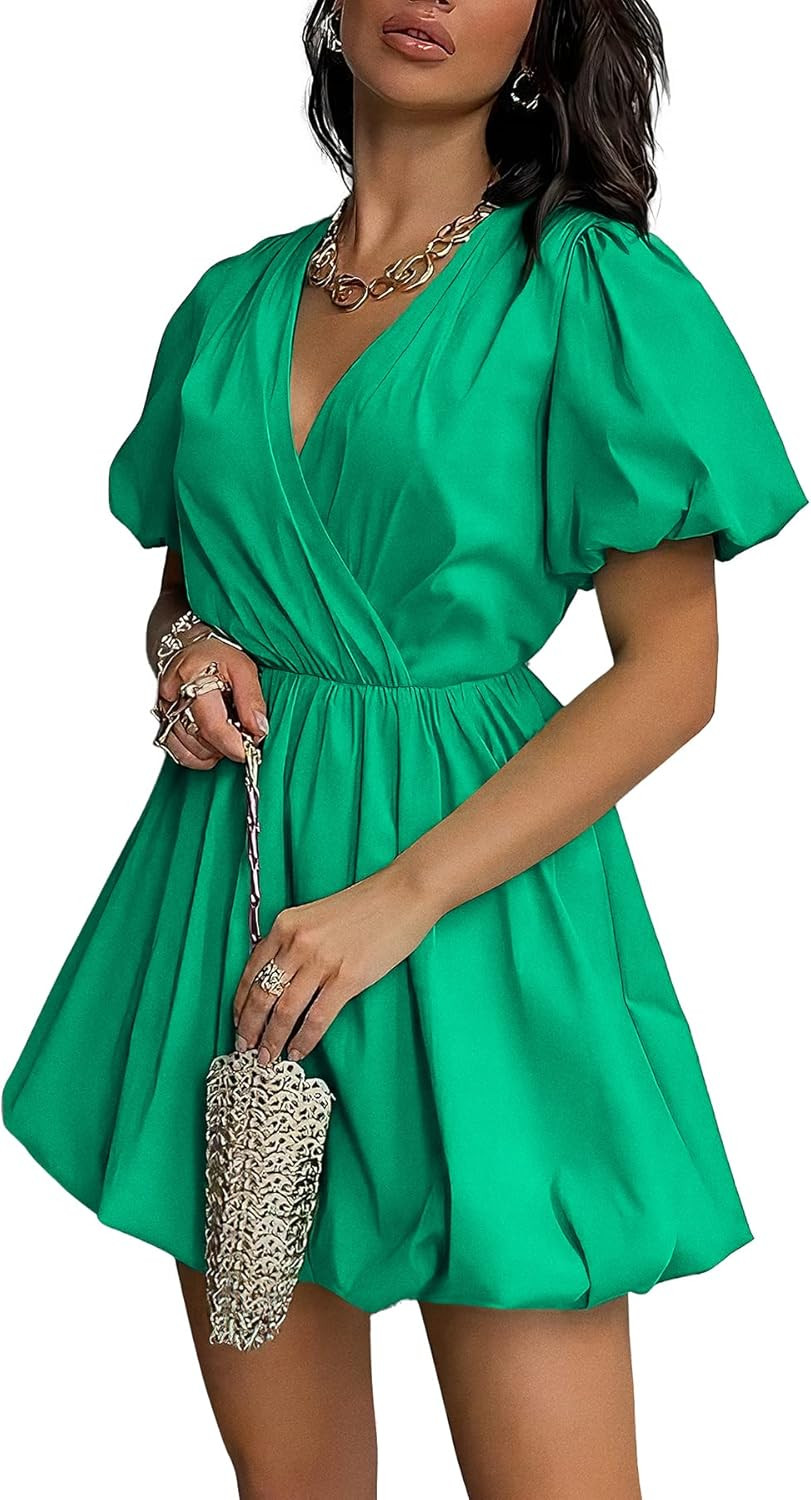 PRETTYGARDEN Women's Short Summer Dresses Casual Puffy Sleeve Wrap V Neck Ruffle Solid Color Flar... | Amazon (US)