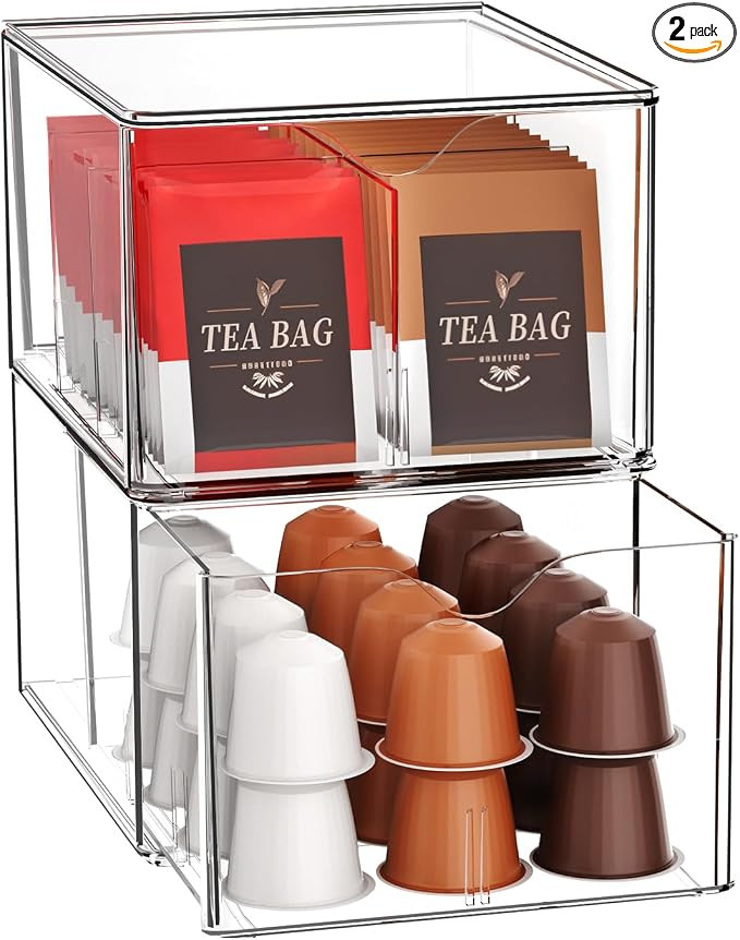 2 Pack Clear Tea Bag Organizers with Adjustable Dividers, Stackable Tea Drawer Organizer Box for ... | Amazon (US)