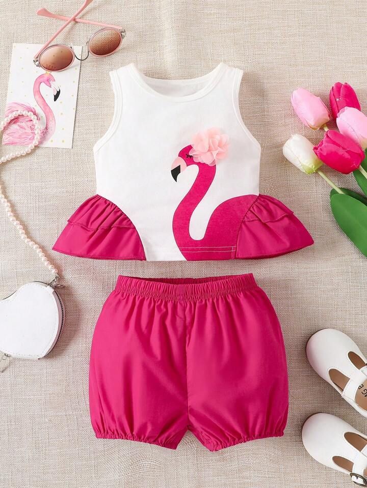 Baby Girl Swan Print Ruffle Trim Tank Top & Shorts | SHEIN