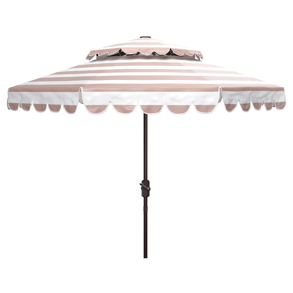 In\u00e8s French Country Beige Striped Double Tier Scalloped Patio Umbrella | Kathy Kuo Home