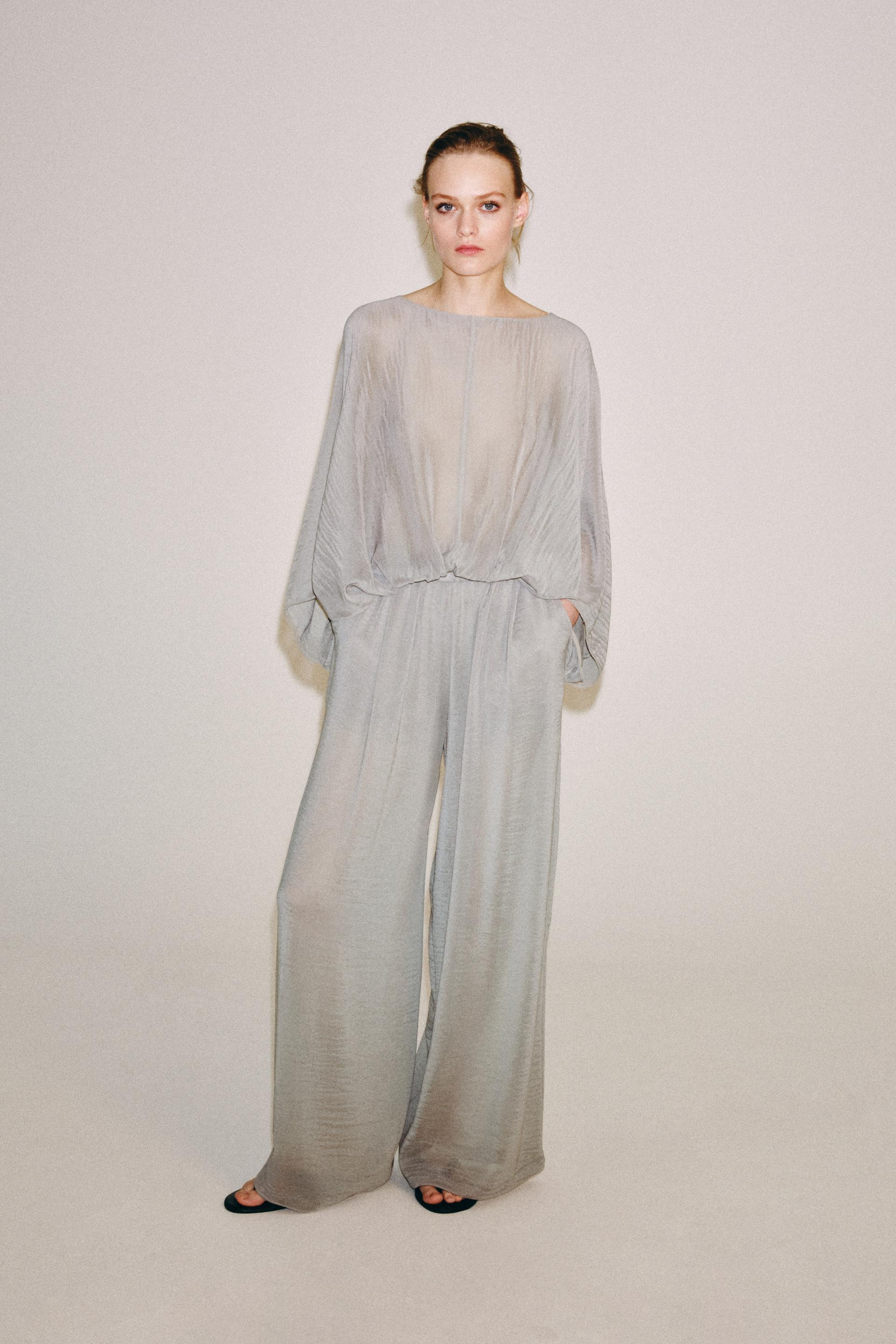 Zara - Semi-Sheer Palazzo Pants - Mid-Gray - S - Woman | Zara US