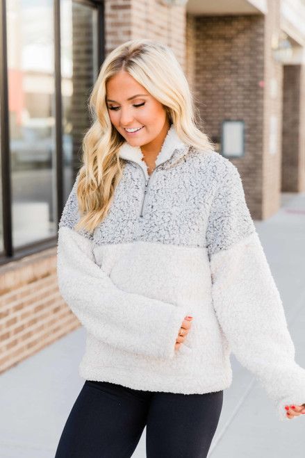 In Love With Your Heart Grey Sherpa Pullover | The Pink Lily Boutique