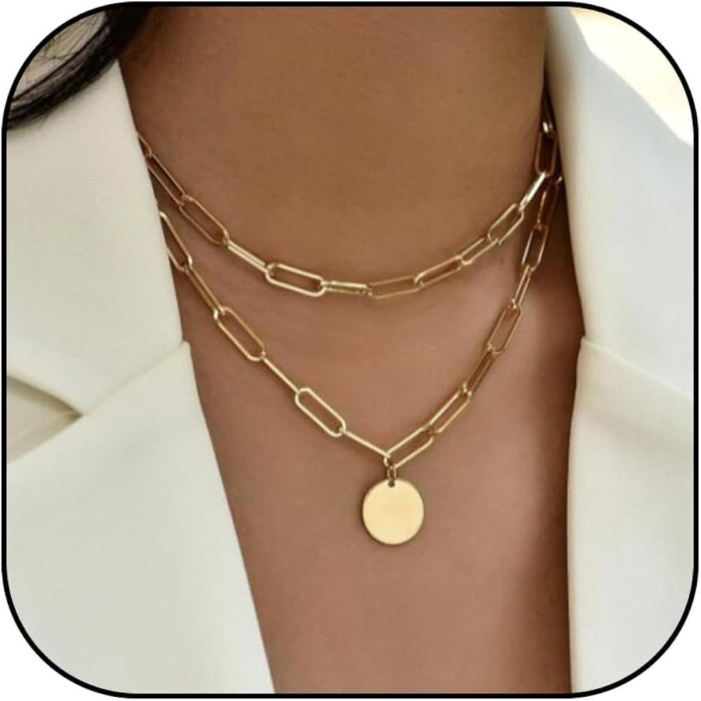 Layered Necklaces for Women Trendy Gold Heart Coin Necklace Dainty Charm Necklace Stack Chunky T ... | Amazon (US)