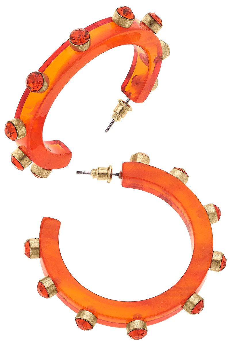 Renee Resin and Rhinestone Hoop Earrings in Orange | CANVAS