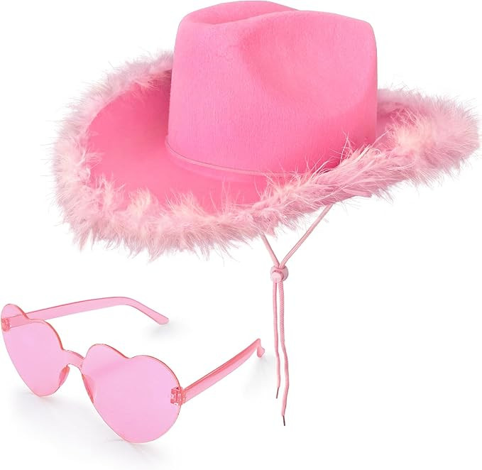 Pink Cowboy/Cowgirl Hat with Heart Shaped Sunglasses, Feather Boa, and Felt for Party Costumes, D... | Amazon (US)