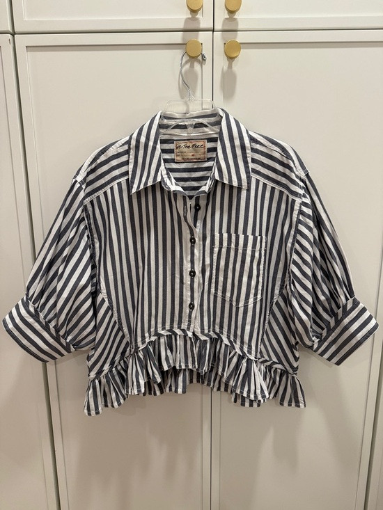 Free People Bailey Nautical Navy & White Striped Ruffle-Hem Button Front Top | Poshmark