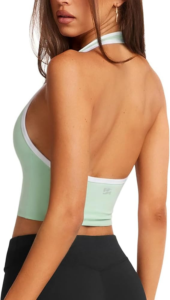 Halter Workout Top for Women: Open Back Sports Bra Color Block Tops with Built in Bra Yoga Gym Cr... | Amazon (US)